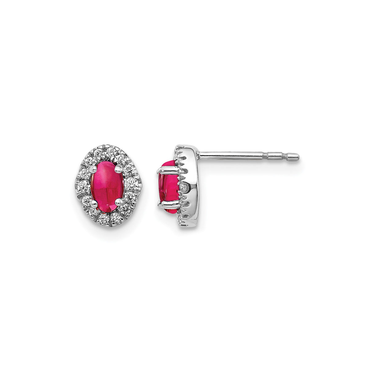 14k White Gold Ruby and Diamond Stud Earrings, Oval Cut Halo Design for Women
