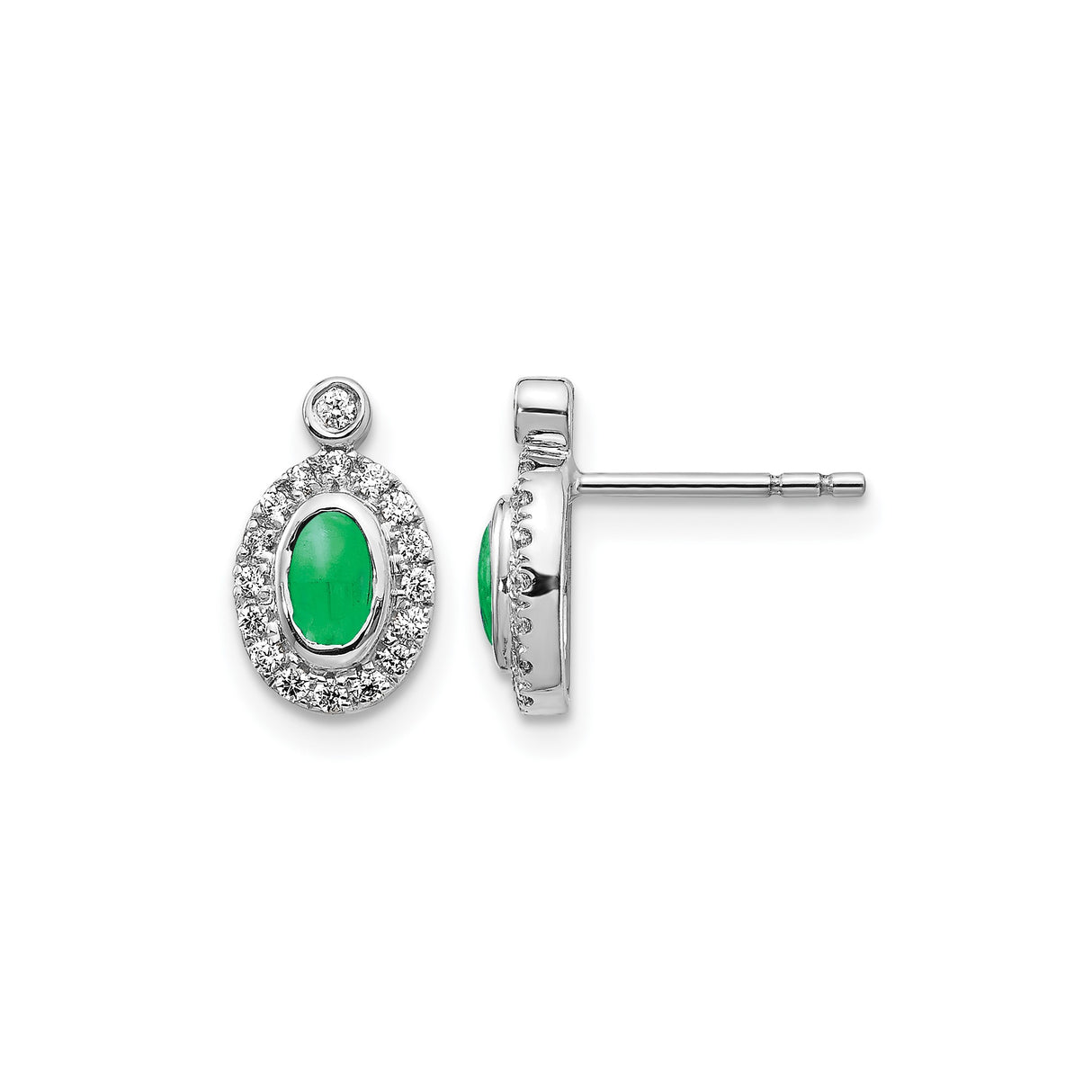 14k White Gold Stud Earrings with Oval Emerald and Diamond Halo