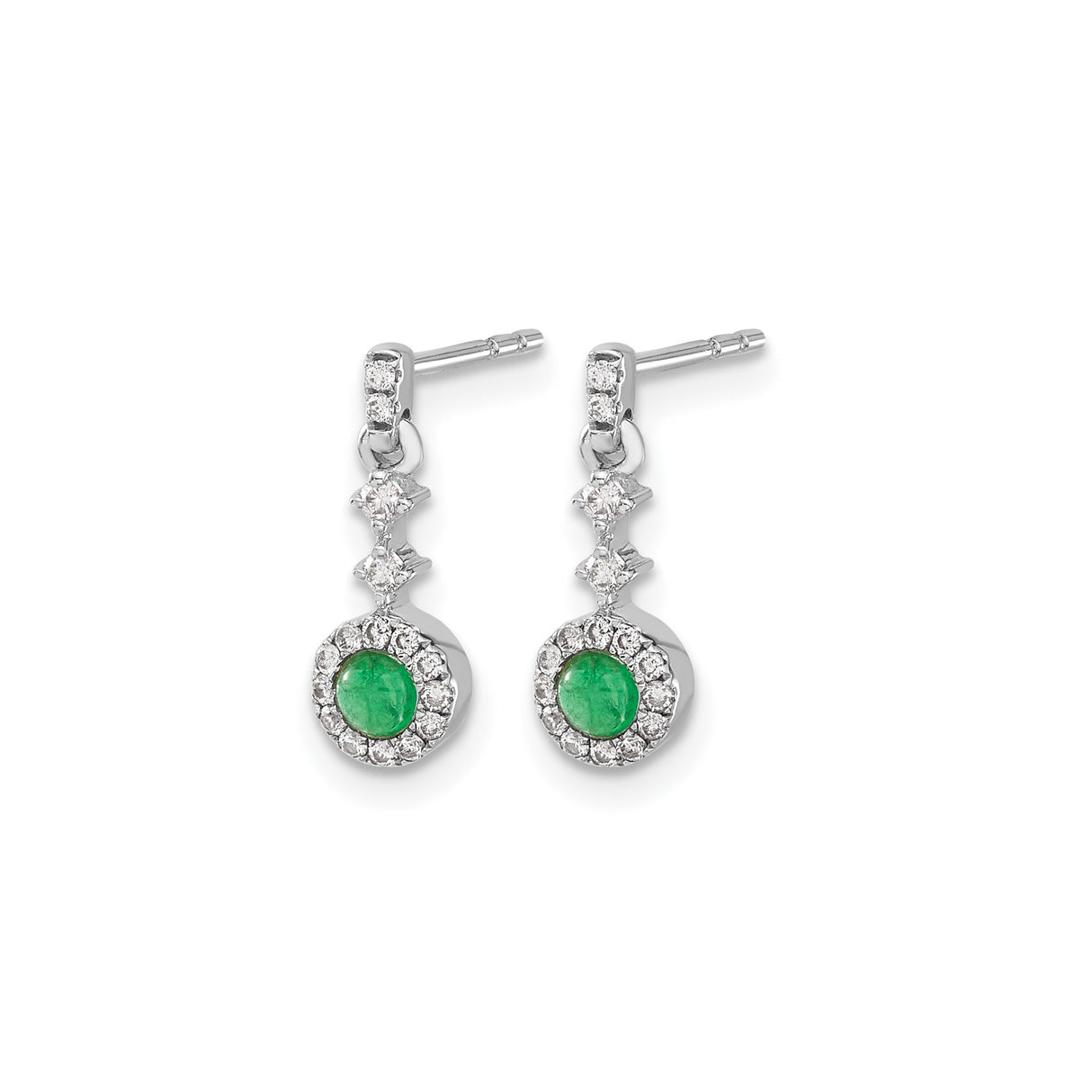 14k White Gold Dangle Earrings with Emerald and Diamond Halo Design
