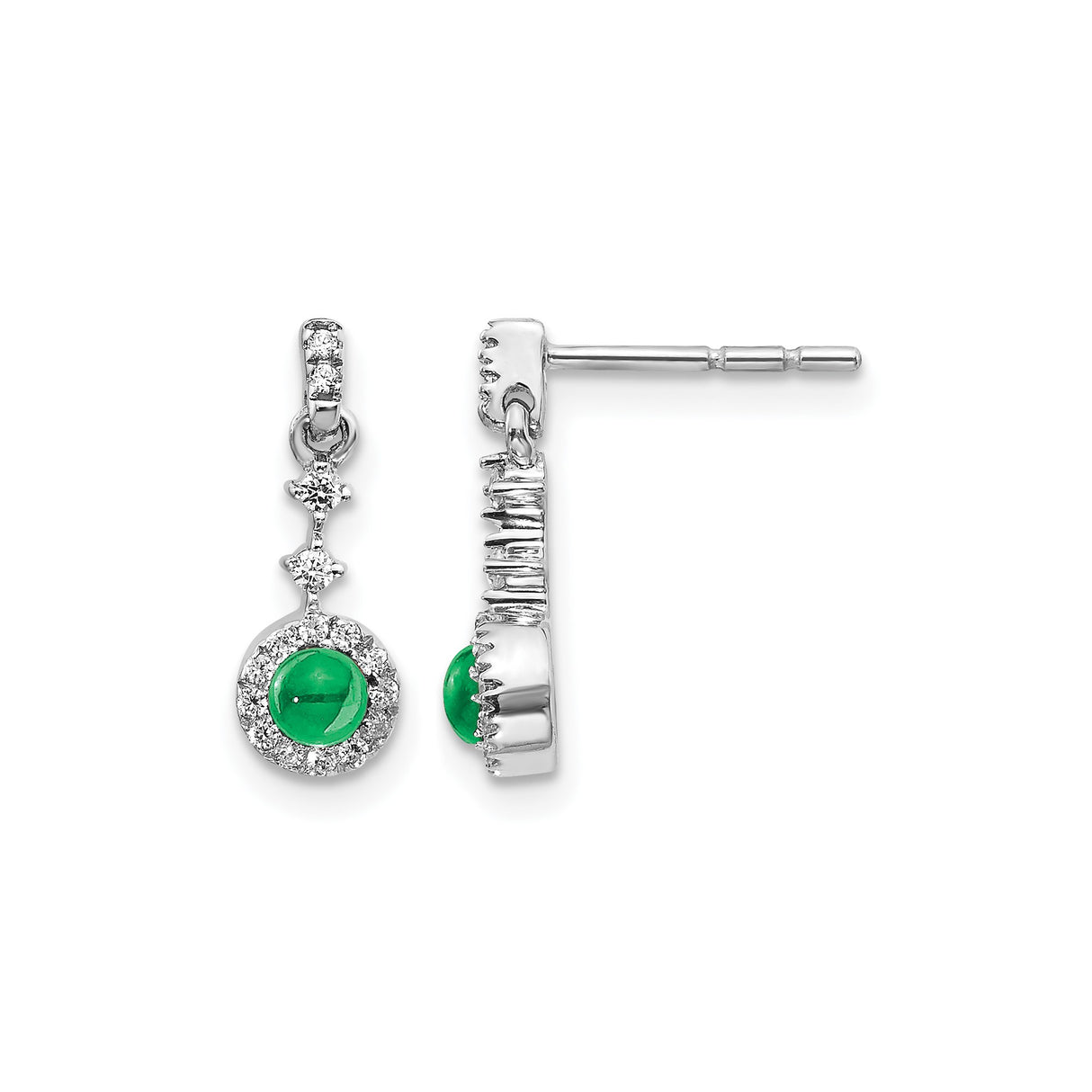 14k White Gold Dangle Earrings with Emerald and Diamond Halo Design