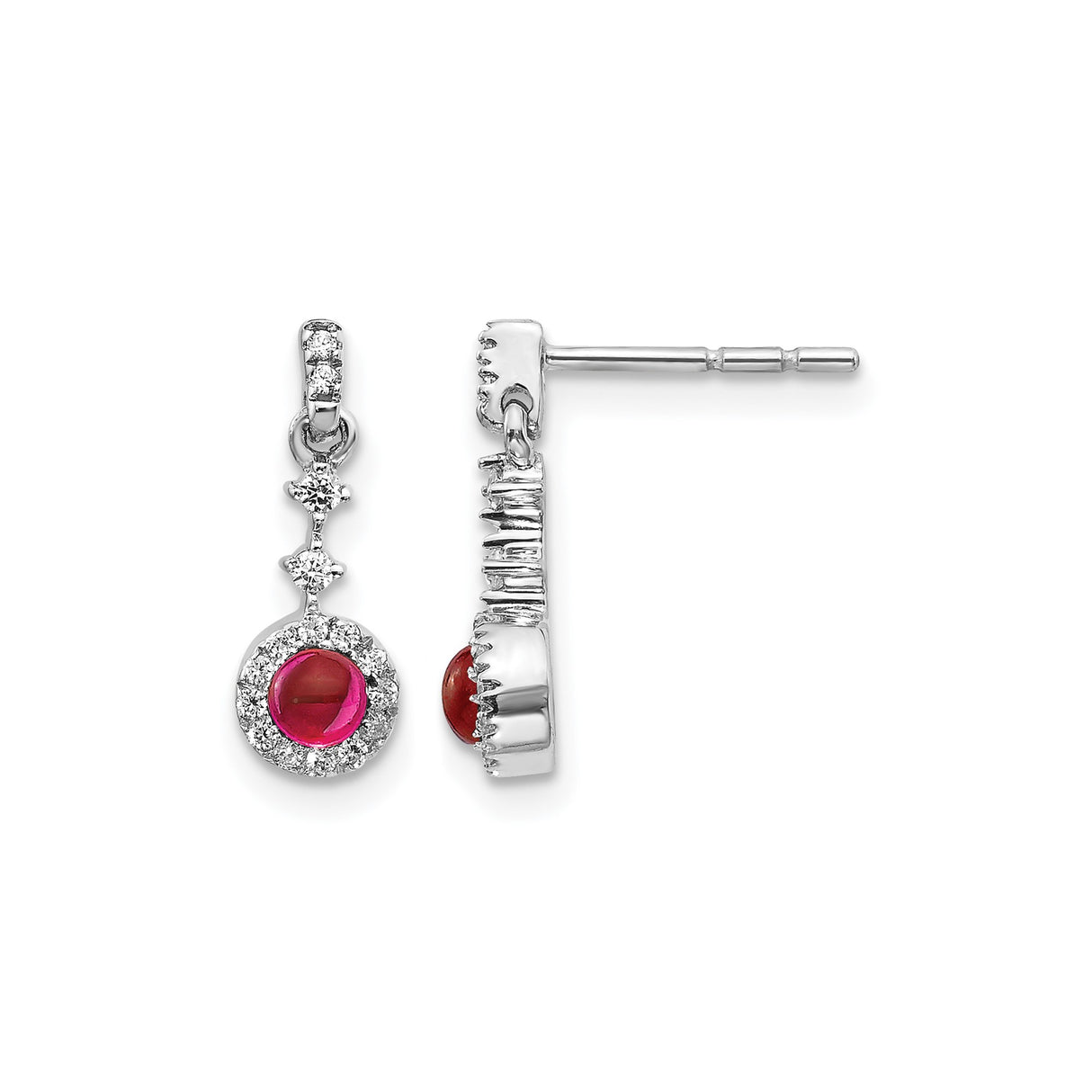 14k White Gold Dangle Earrings with Ruby and Diamond Halo Drops