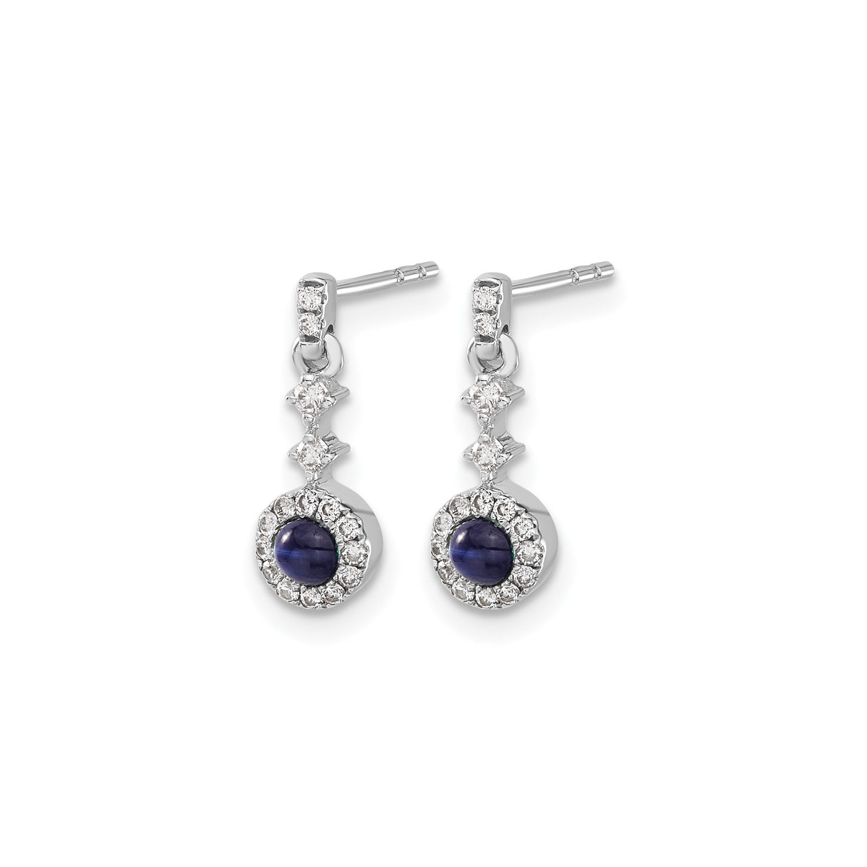 14k White Gold Dangle Earrings with Deep Blue Sapphires and Diamond Halo Design
