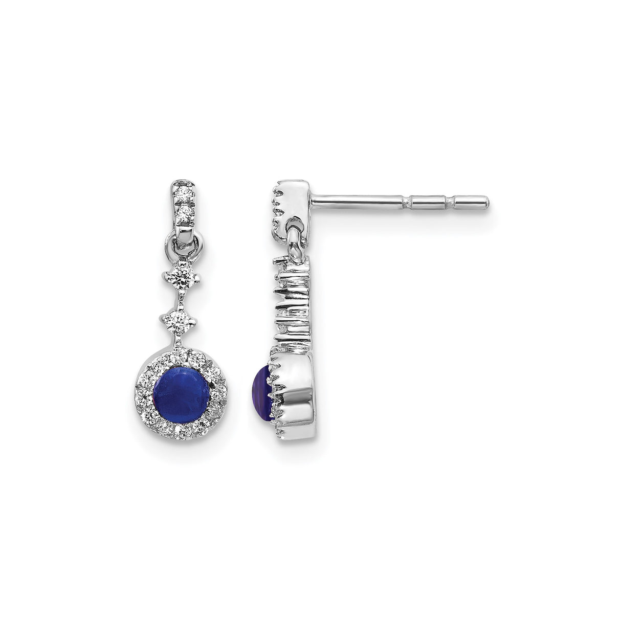 14k White Gold Dangle Earrings with Deep Blue Sapphires and Diamond Halo Design