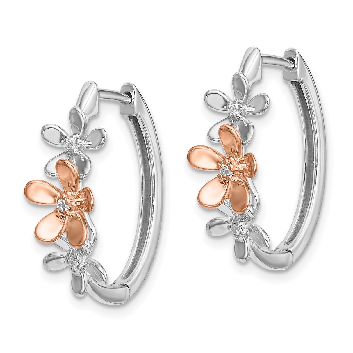 14k Yellow Gold Hoop Earrings with Diamond Accents, Two-Tone Floral Design for Women