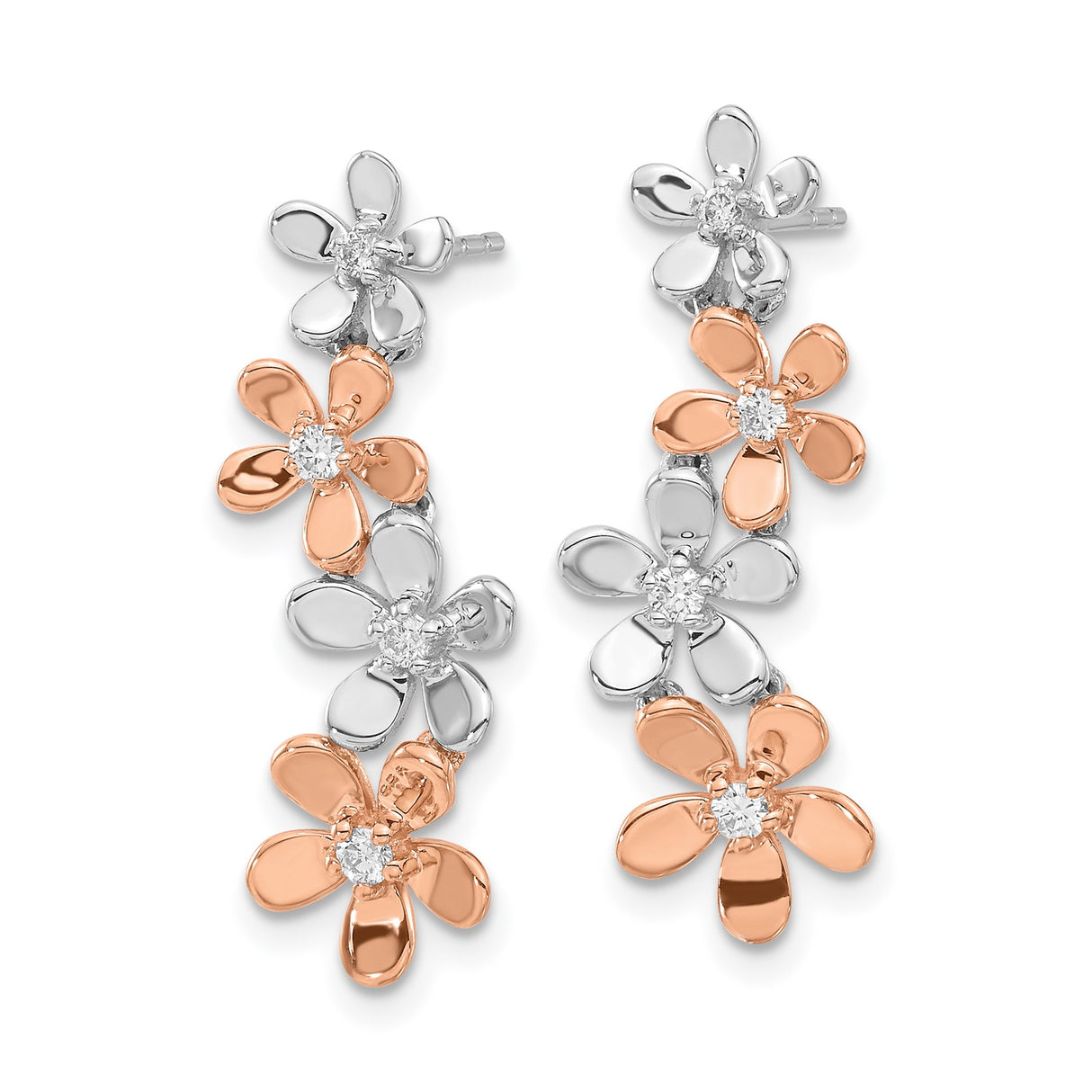 14k Yellow Gold Floral Drop Earrings with Diamond Accents, Two-Tone Rose and White Gold Flowers