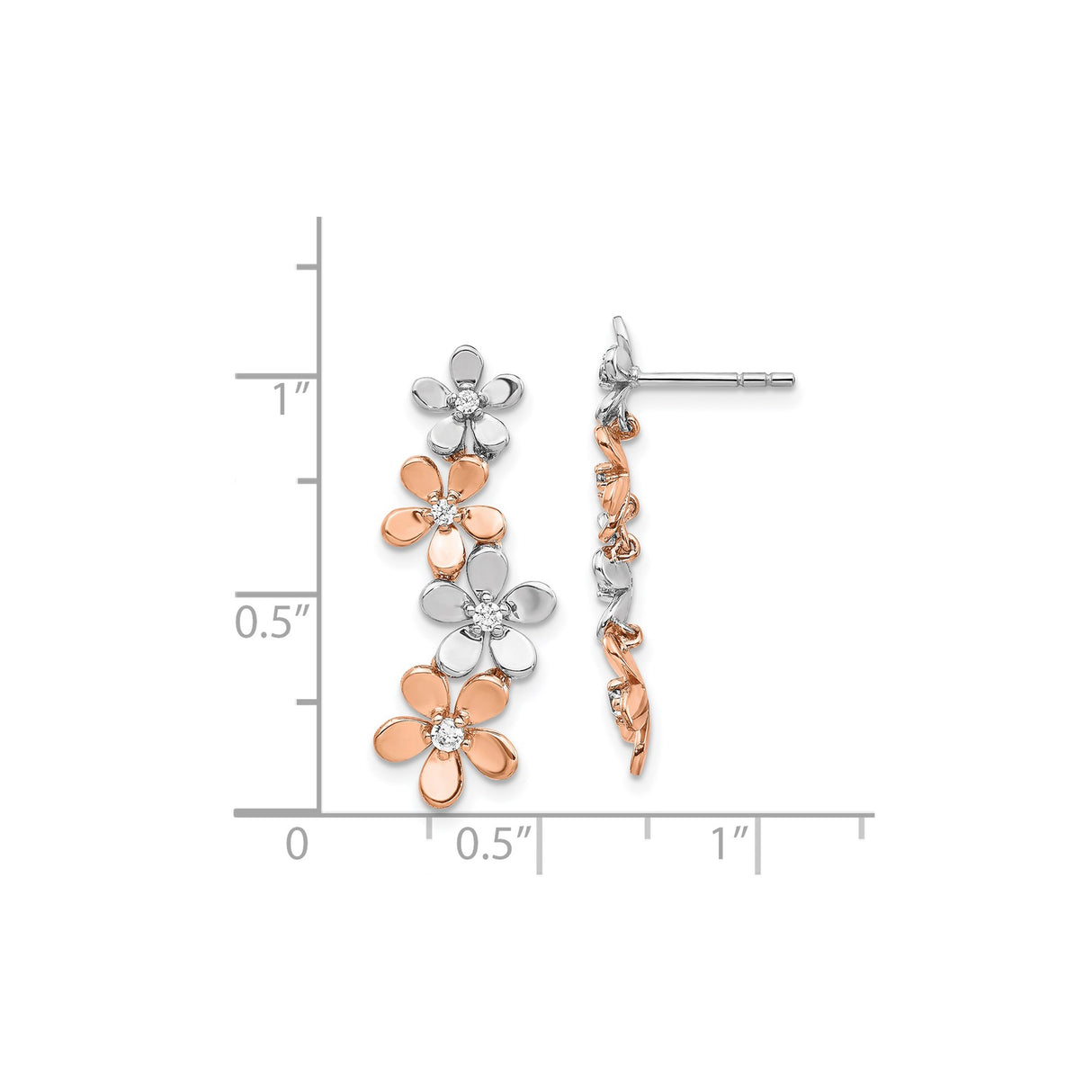 14k Yellow Gold Floral Drop Earrings with Diamond Accents, Two-Tone Rose and White Gold Flowers