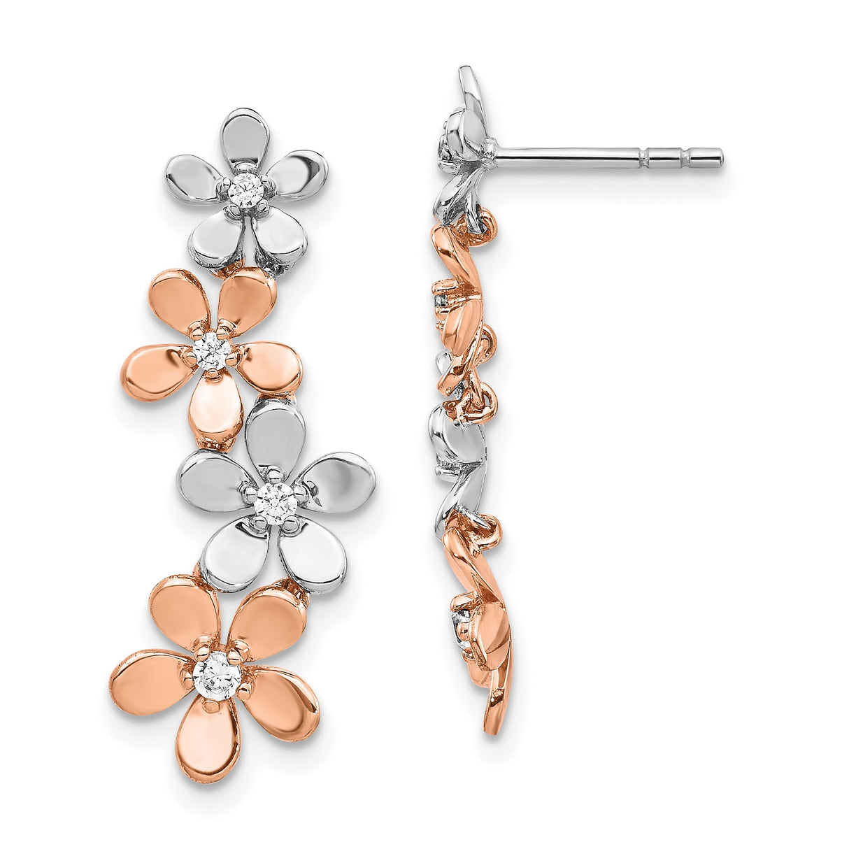 14k Yellow Gold Floral Drop Earrings with Diamond Accents, Two-Tone Rose and White Gold Flowers
