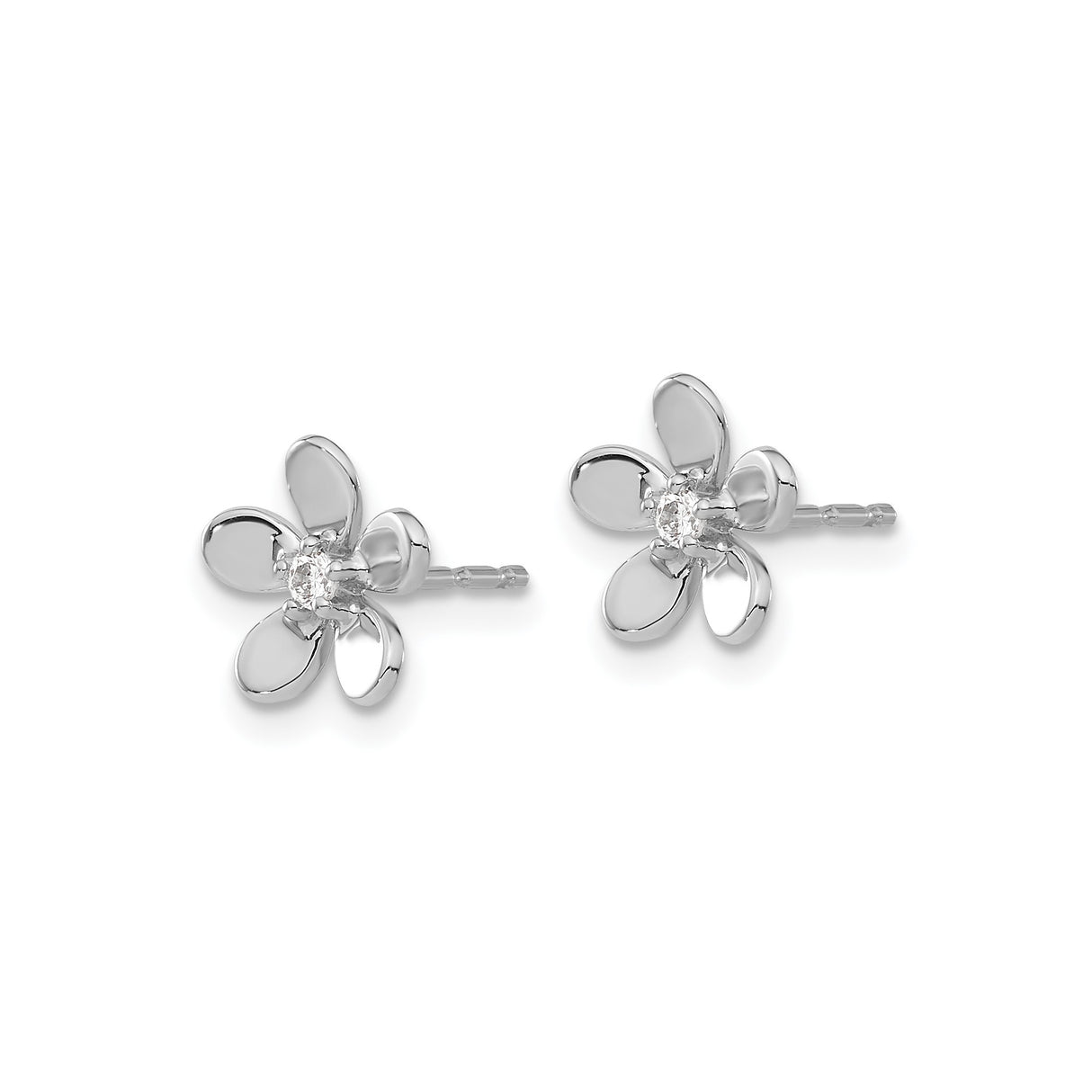 14k White Gold Flower Stud Earrings with Diamond Accent, Five-Petal Floral Design