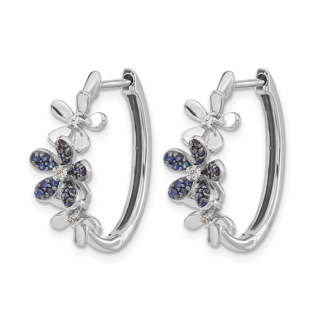 14k White Gold Hoop Earrings with Blue Sapphires and Diamonds, Floral Nature-Inspired Design