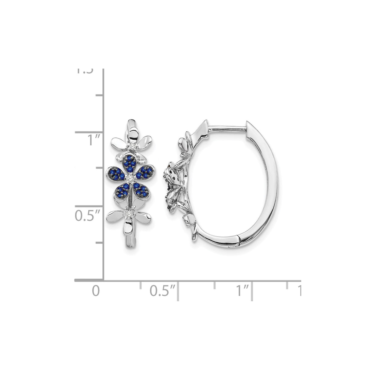 14k White Gold Hoop Earrings with Blue Sapphires and Diamonds, Floral Nature-Inspired Design