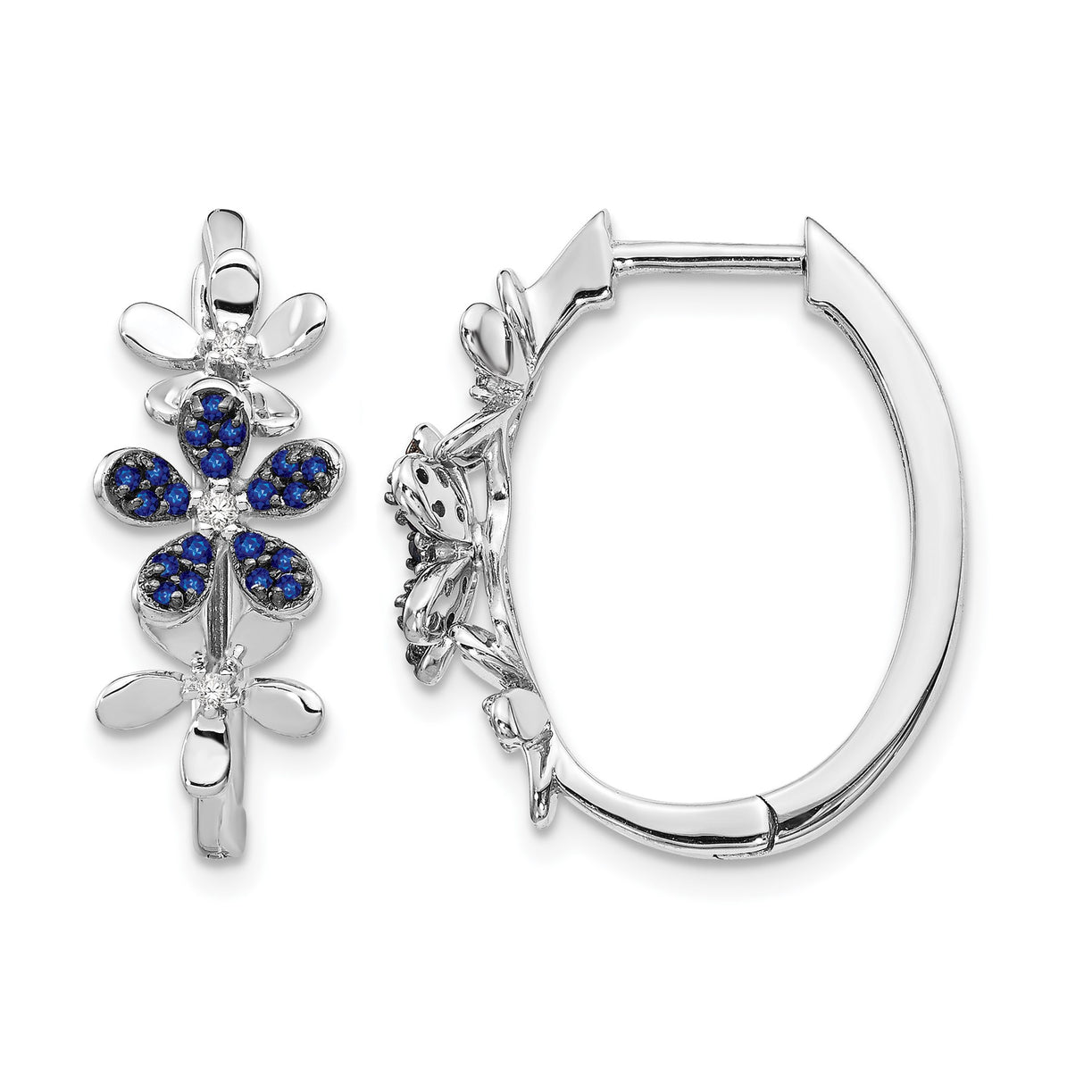 14k White Gold Hoop Earrings with Blue Sapphires and Diamonds, Floral Nature-Inspired Design