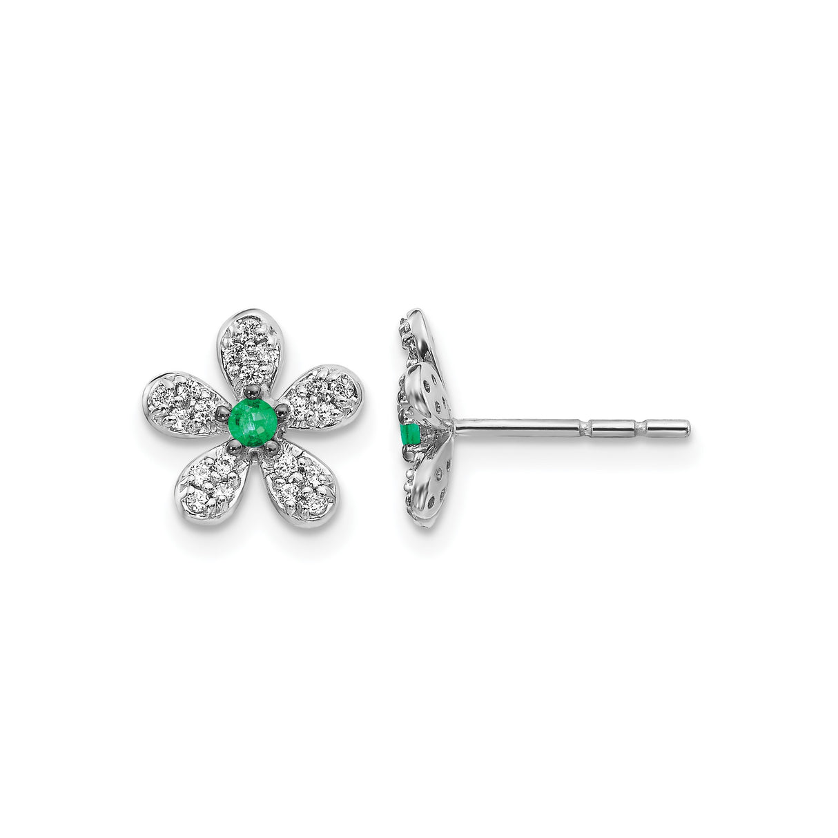 14k White Gold Flower Stud Earrings with Emerald Center and Diamond Accents