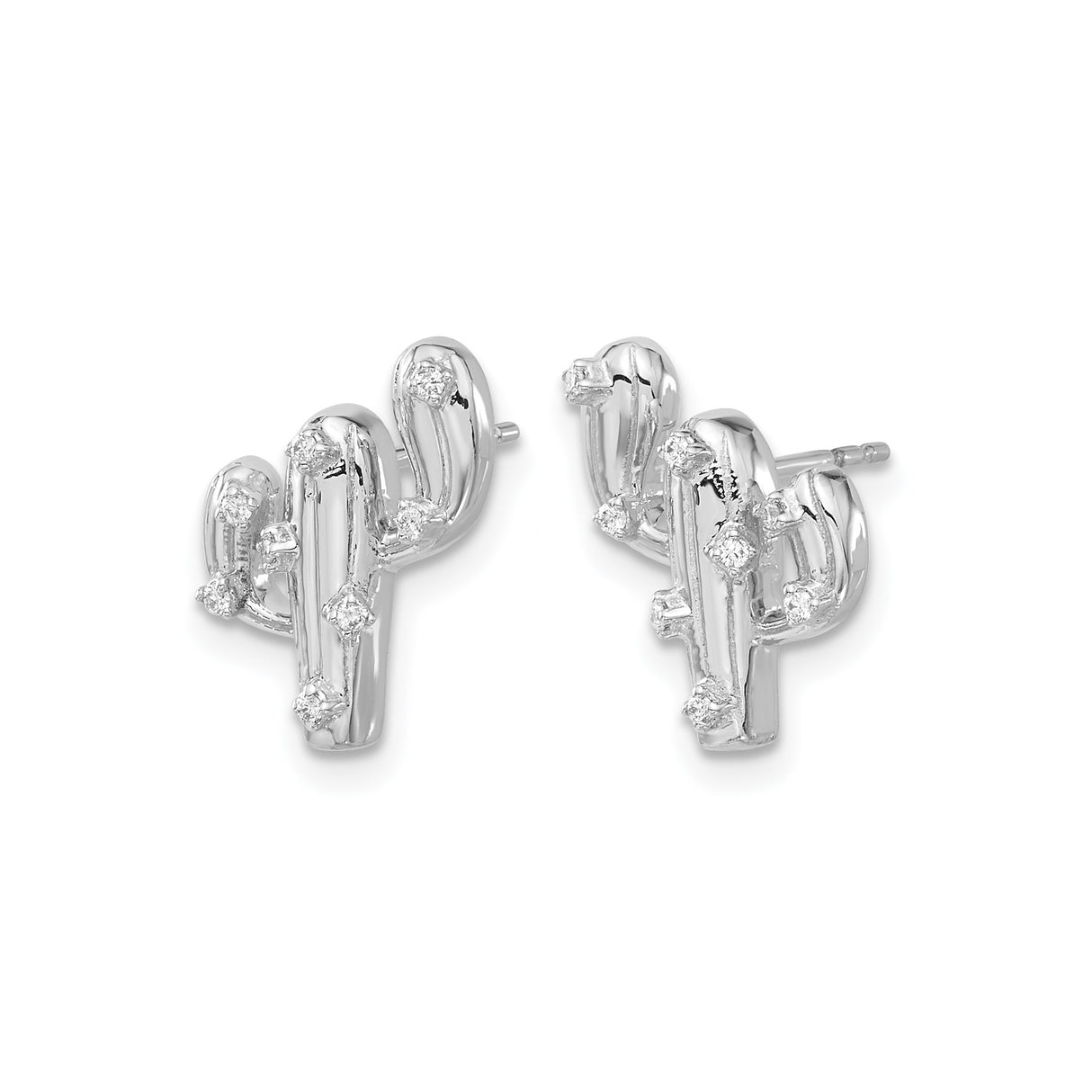 14k White Gold Cactus Stud Earrings with Diamond Accents, Boho Desert Nature Style