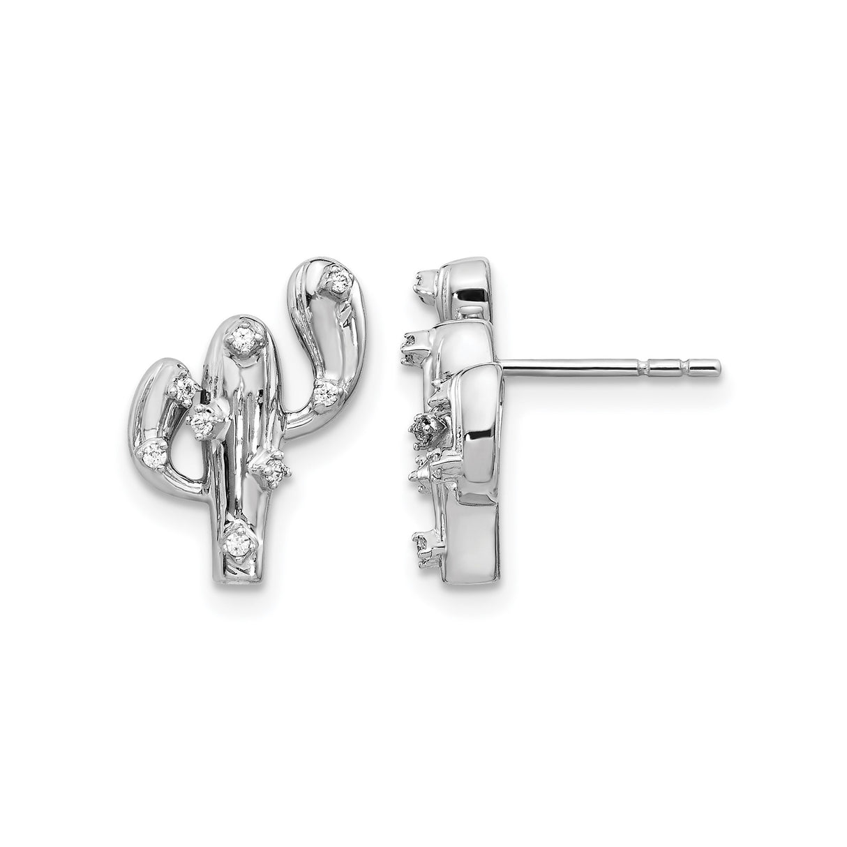 14k White Gold Cactus Stud Earrings with Diamond Accents, Boho Desert Nature Style