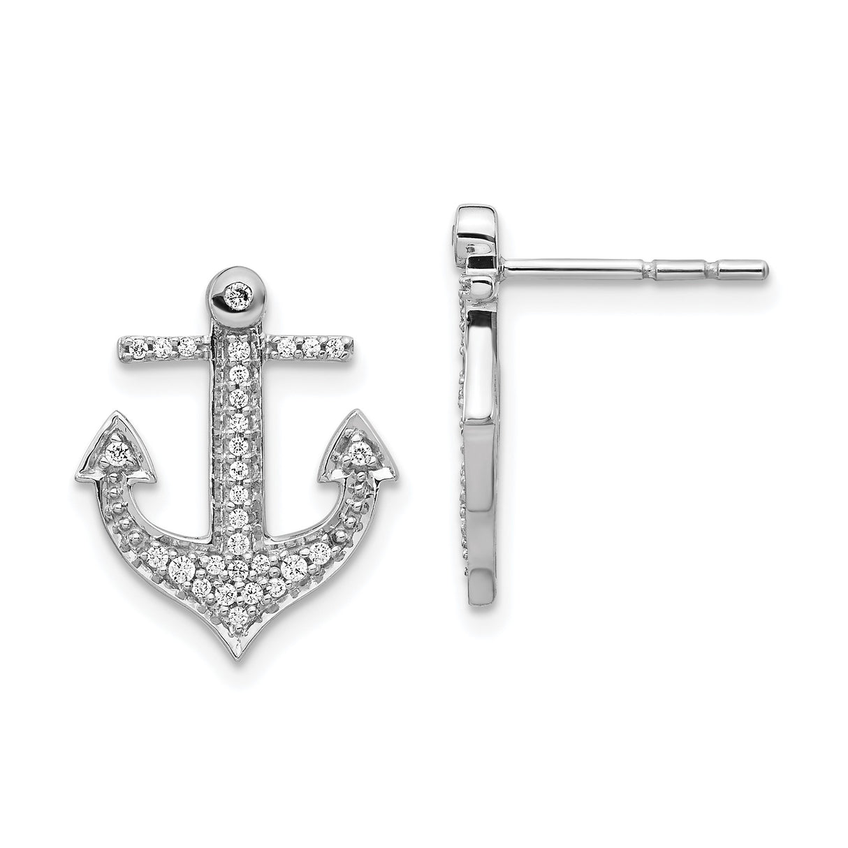 14k White Gold Anchor Stud Earrings with Diamond Pavé, Nautical Faith Design for Women