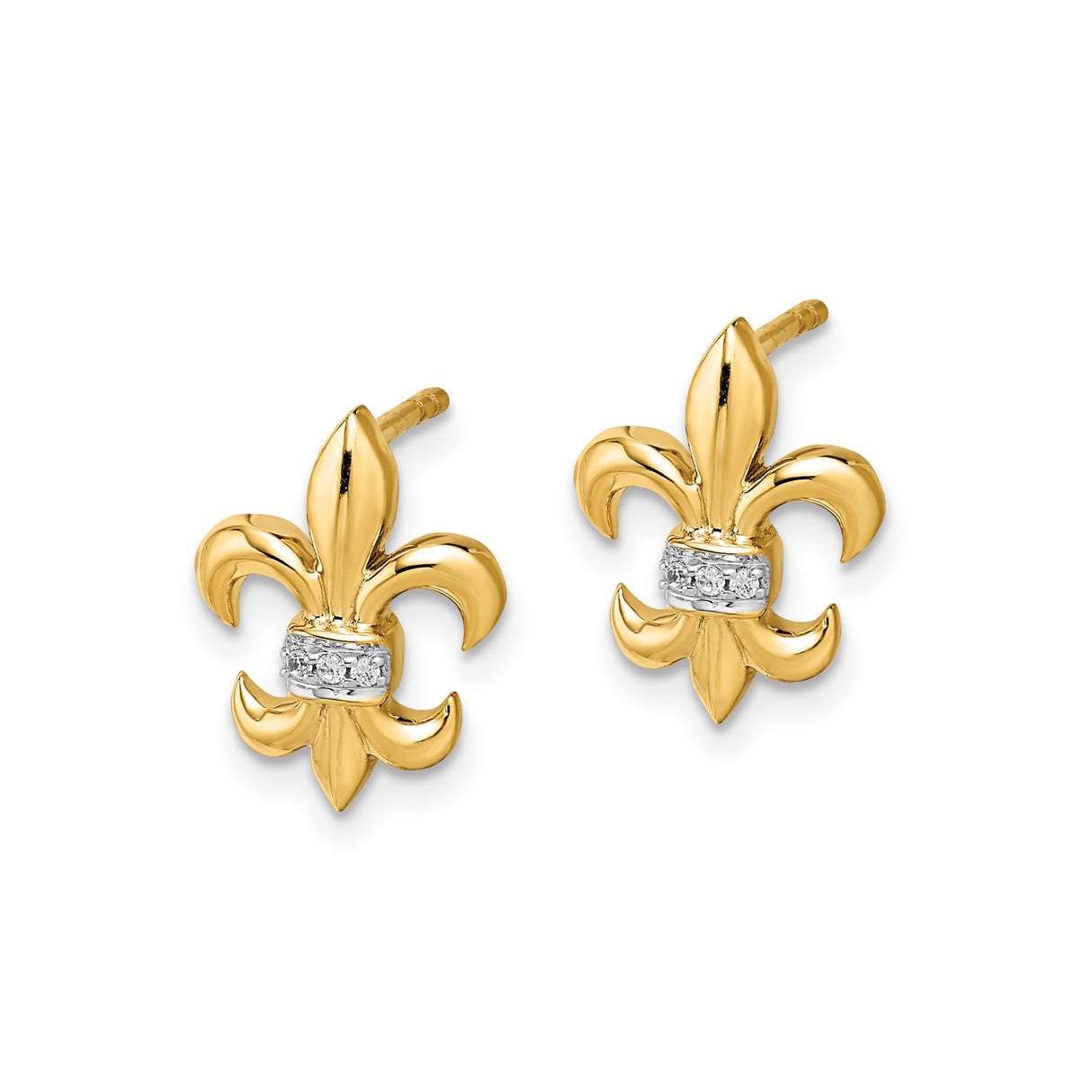 14k White Gold Fleur de Lis Stud Earrings with Diamond Accent, Vintage Religious Design