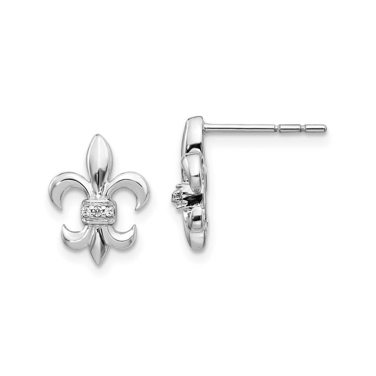 14k White Gold Fleur de Lis Stud Earrings with Diamond Accent, Vintage Religious Design