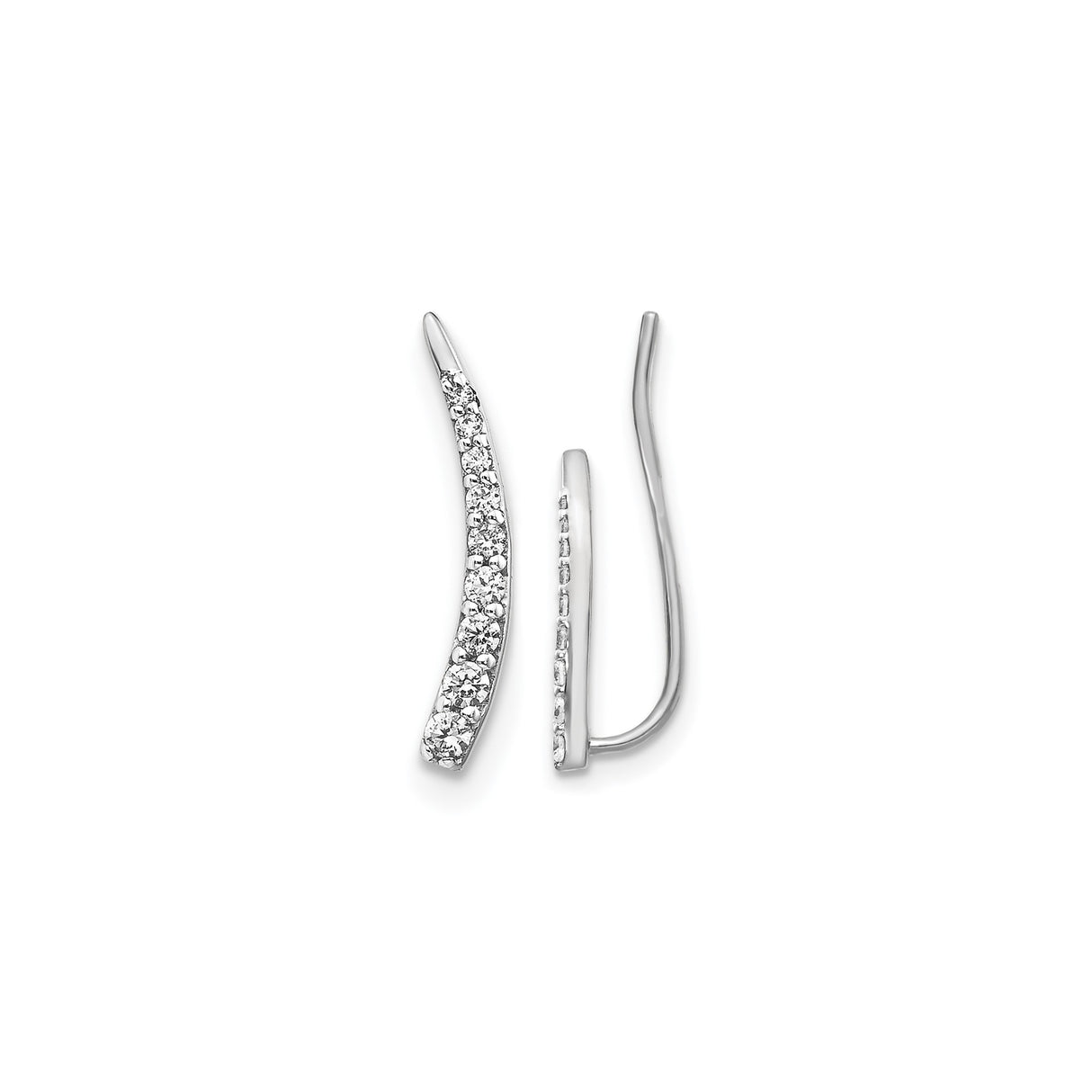 10k White Gold Ear Climber Earrings with White Diamonds, Curved Modern Design