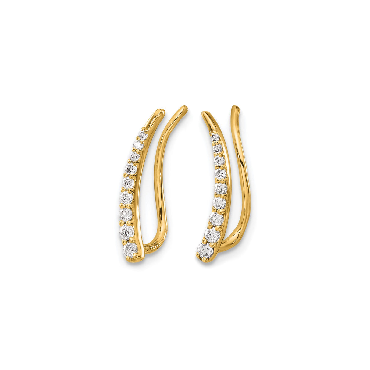 14k Yellow Gold Ear Climber Earrings with Diamond, Curved Minimalist Design