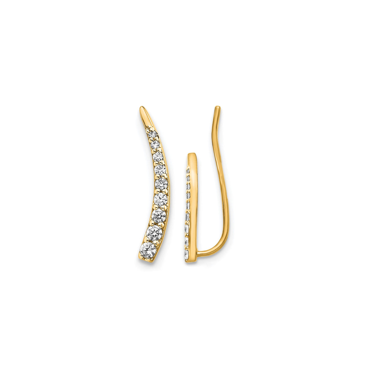 14k Yellow Gold Ear Climber Earrings with Diamond, Curved Minimalist Design