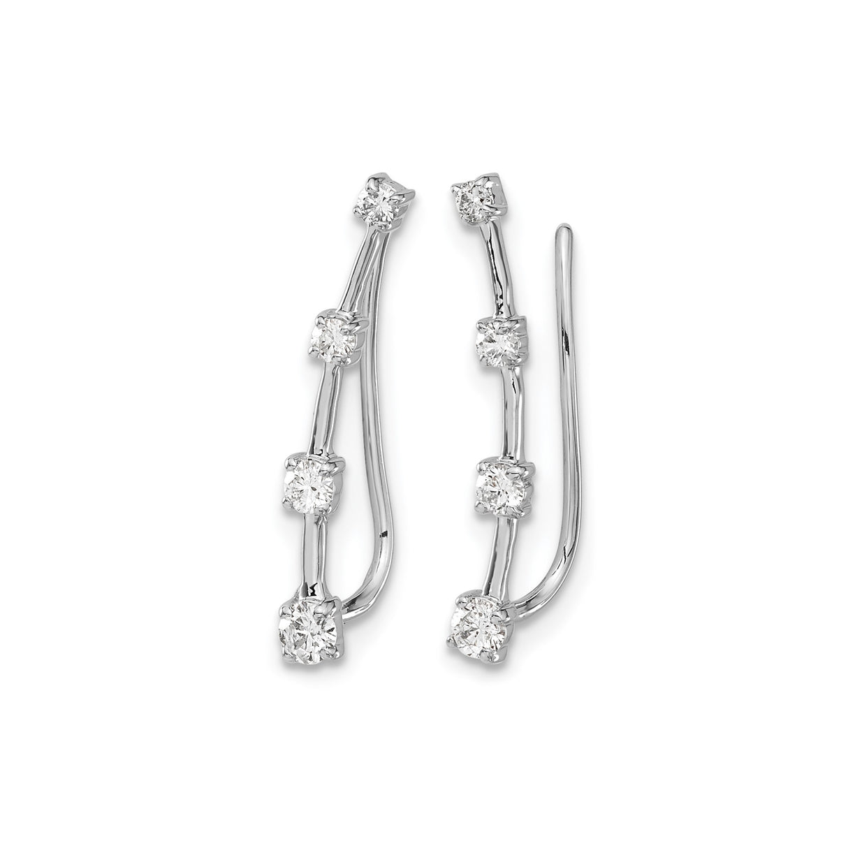 14k White Gold Climber Earrings with Round Diamonds, Curved Bar Ear Crawlers, Modern Minimalist Style