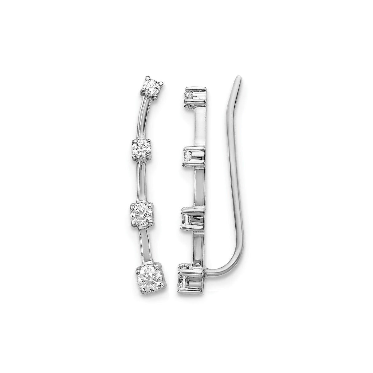 14k White Gold Climber Earrings with Round Diamonds, Curved Bar Ear Crawlers, Modern Minimalist Style