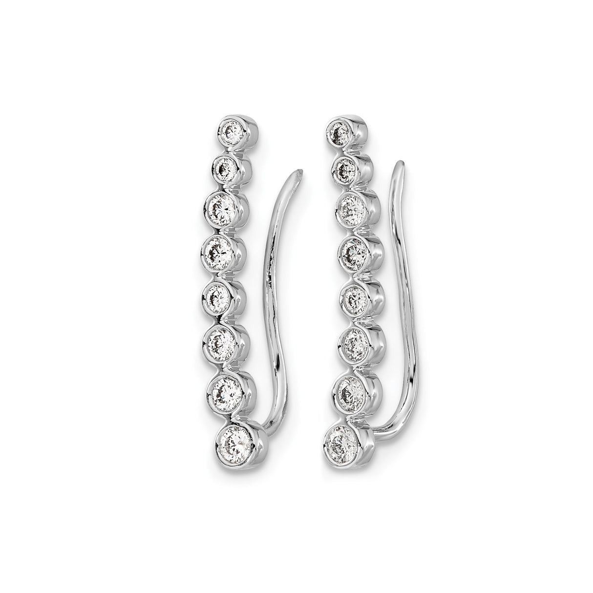 10k White Gold Ear Climber Earrings with Graduated Bezel Set Round Diamonds, Modern Design