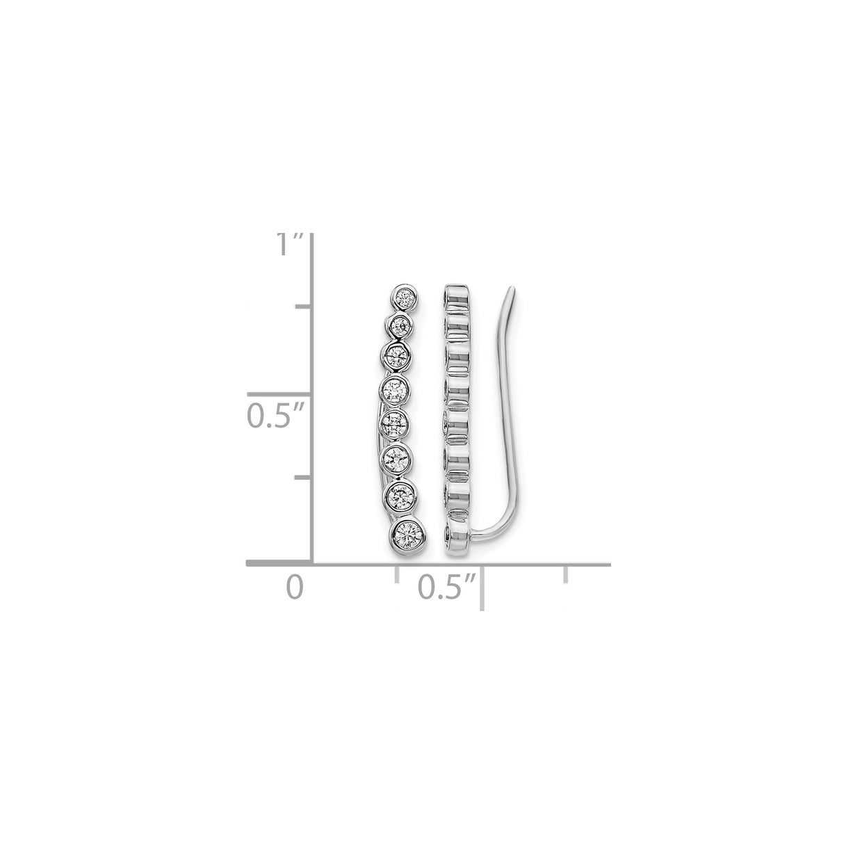 10k White Gold Ear Climber Earrings with Graduated Bezel Set Round Diamonds, Modern Design