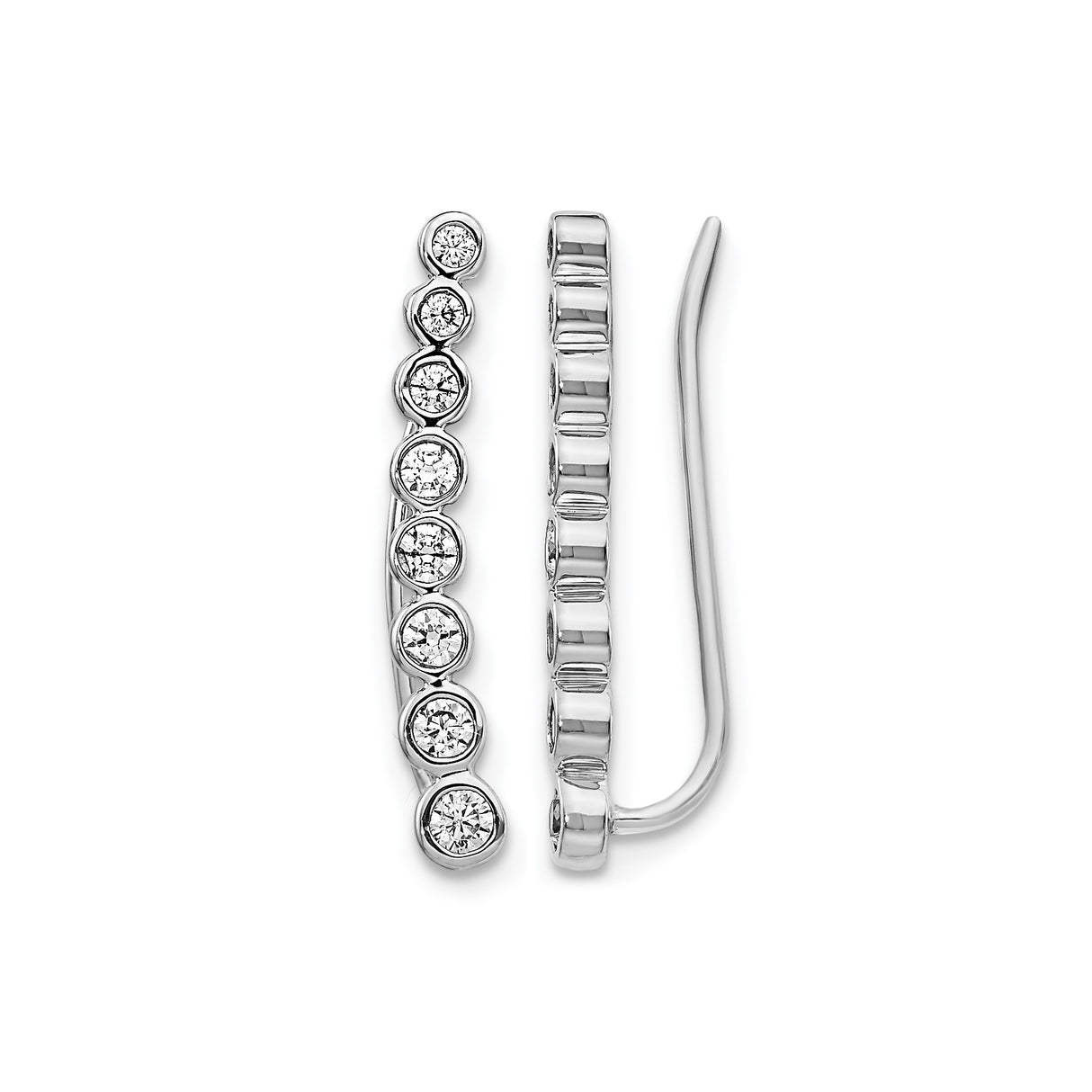 10k White Gold Ear Climber Earrings with Graduated Bezel Set Round Diamonds, Modern Design