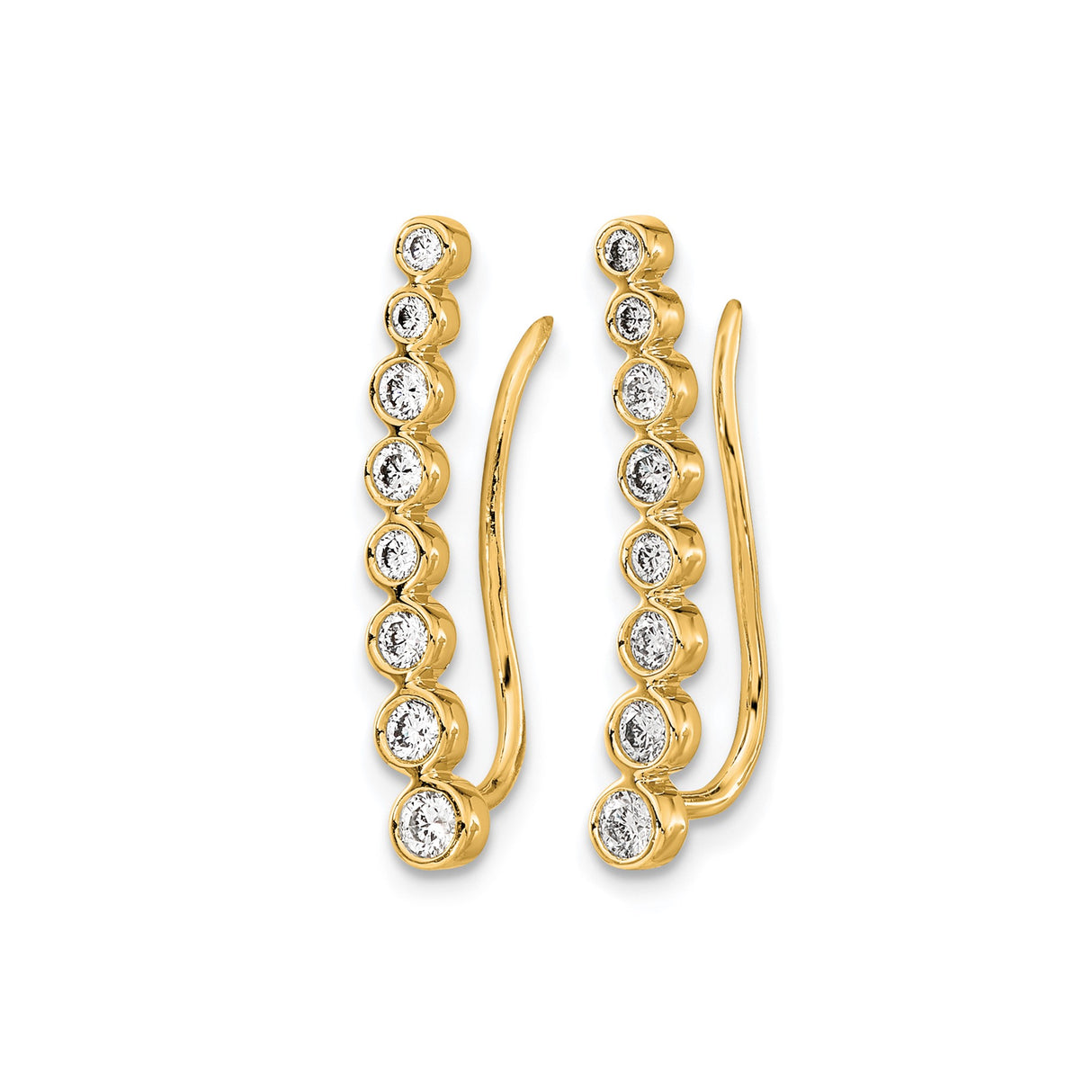 14k Yellow Gold Linear Ear Climber Earrings with Round Bezel Set Diamonds, Minimalist Design