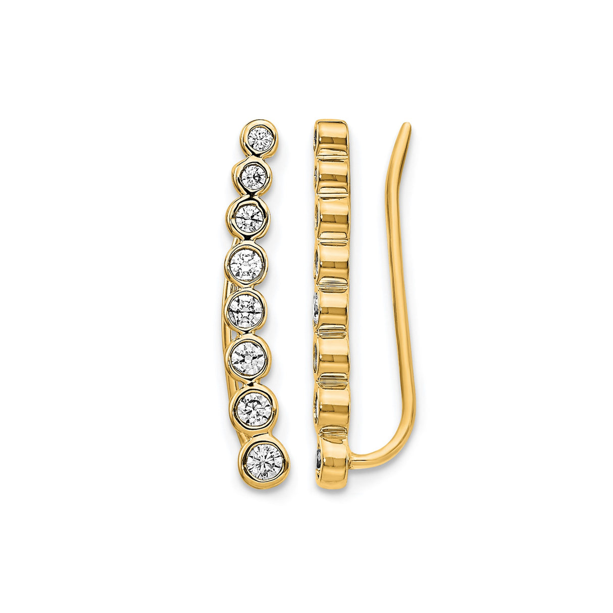 14k Yellow Gold Linear Ear Climber Earrings with Round Bezel Set Diamonds, Minimalist Design