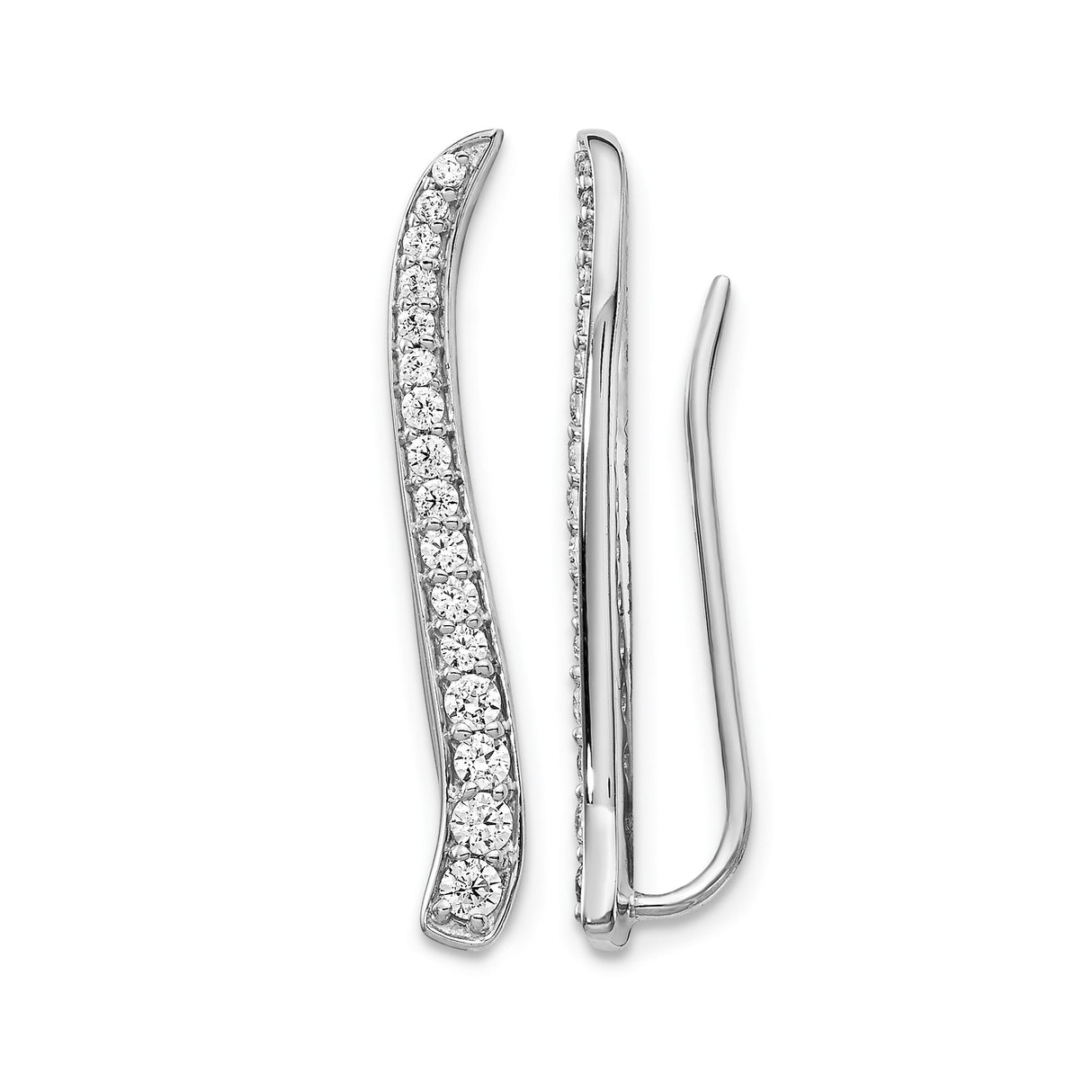 14k White Gold Diamond Ear Climber Earrings, Sleek Curved Modern Design for Women