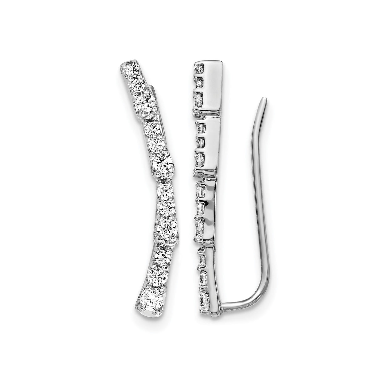 14k White Gold Ear Climber Earrings with Diamond, Curved Modern Design for Women