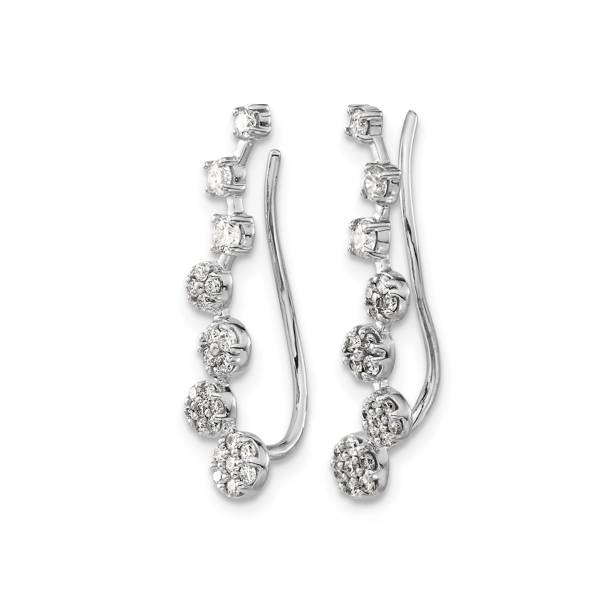14k White Gold Ear Climber Earrings with Graduated Diamonds, Dainty Modern Studs
