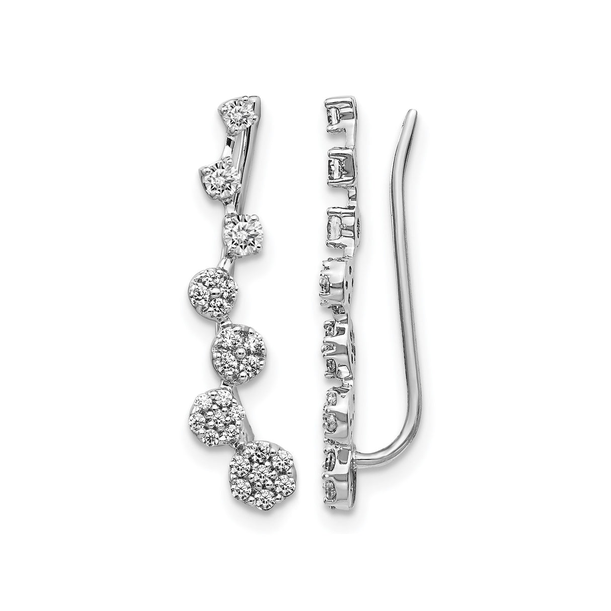 14k White Gold Ear Climber Earrings with Graduated Cubic Zirconia, Dainty Modern Studs