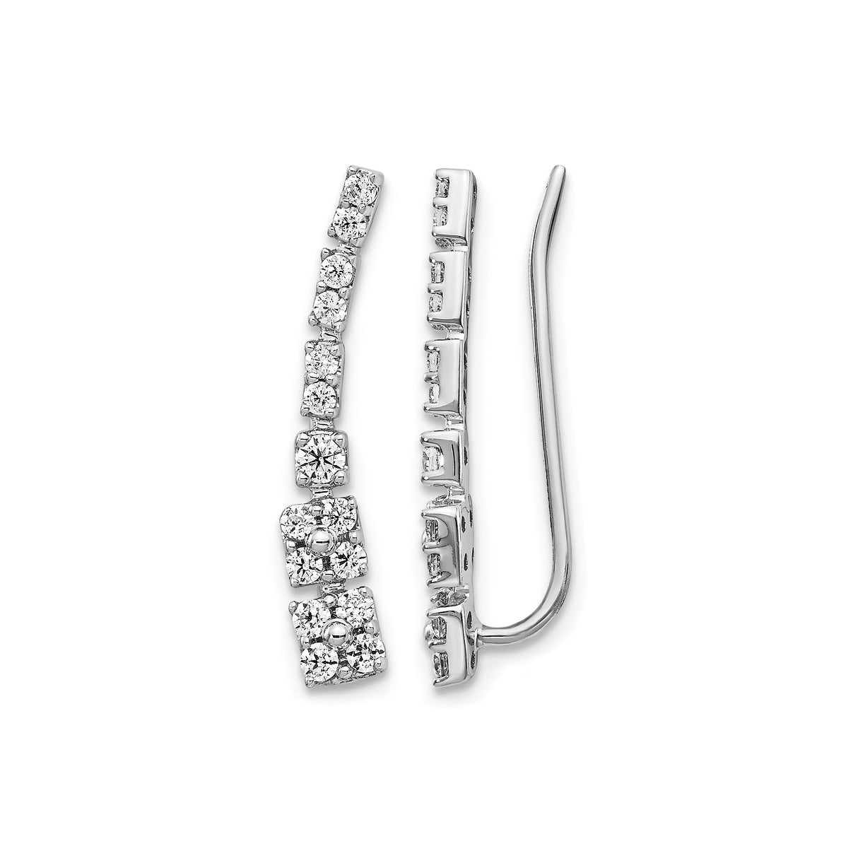 14k White Gold Diamond Ear Climber Earrings with Graduated Round and Square Stones