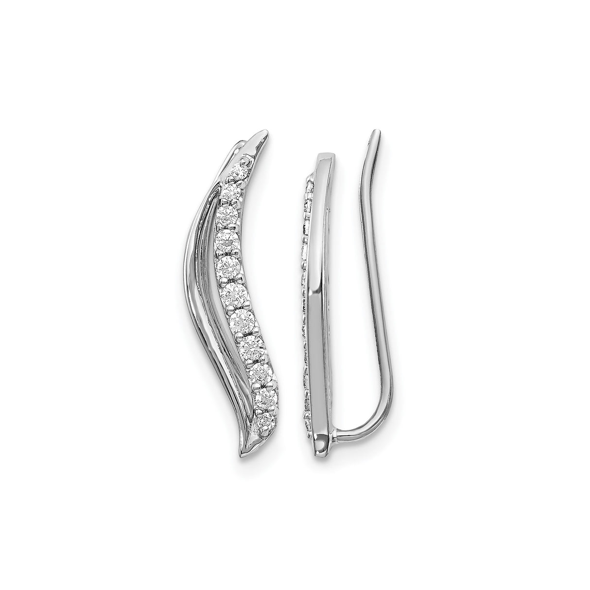10k White Gold Ear Climbers with Diamonds, Modern Curved Design for Women
