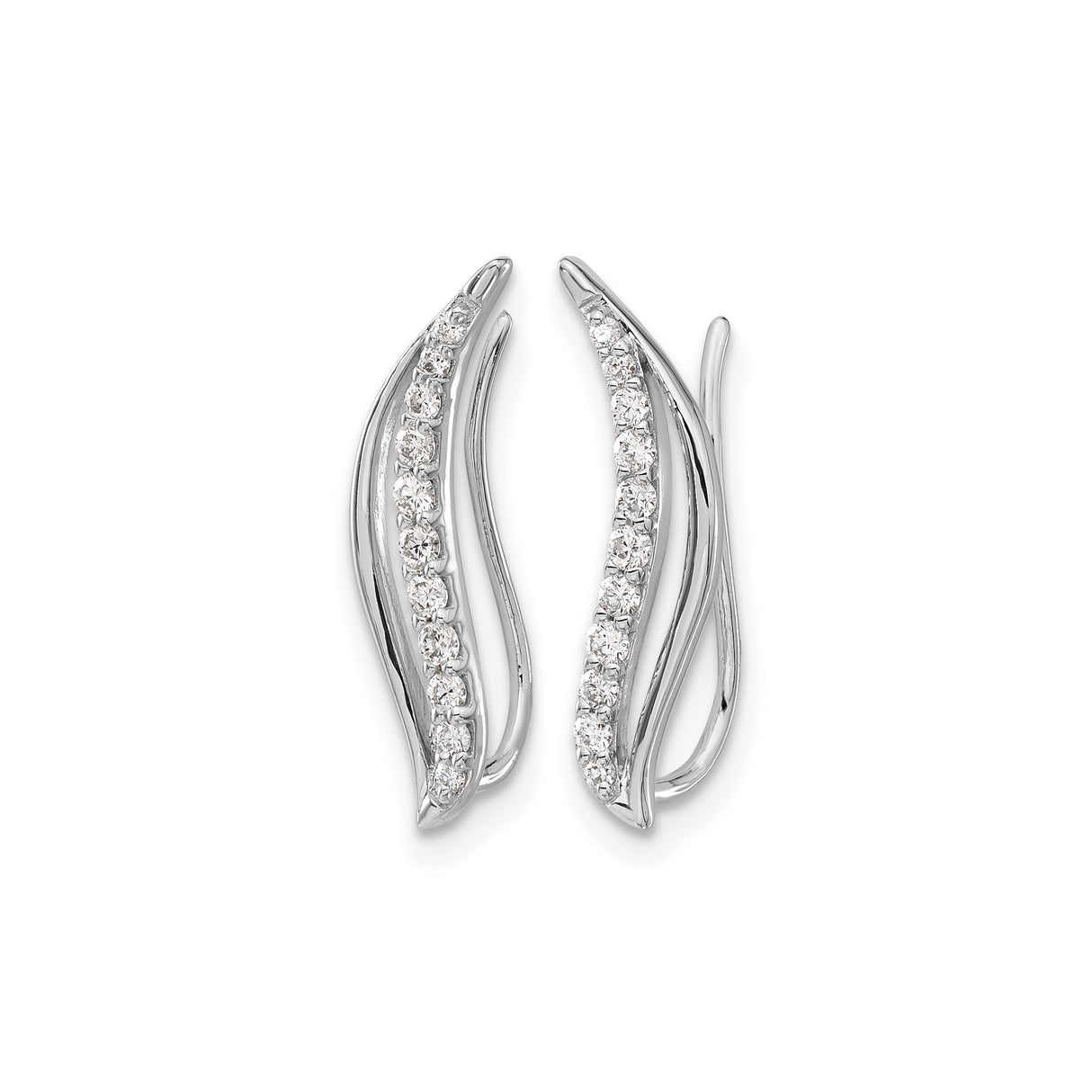14k White Gold Diamond Ear Climber Earrings, Wave Design Curved Studs for Women