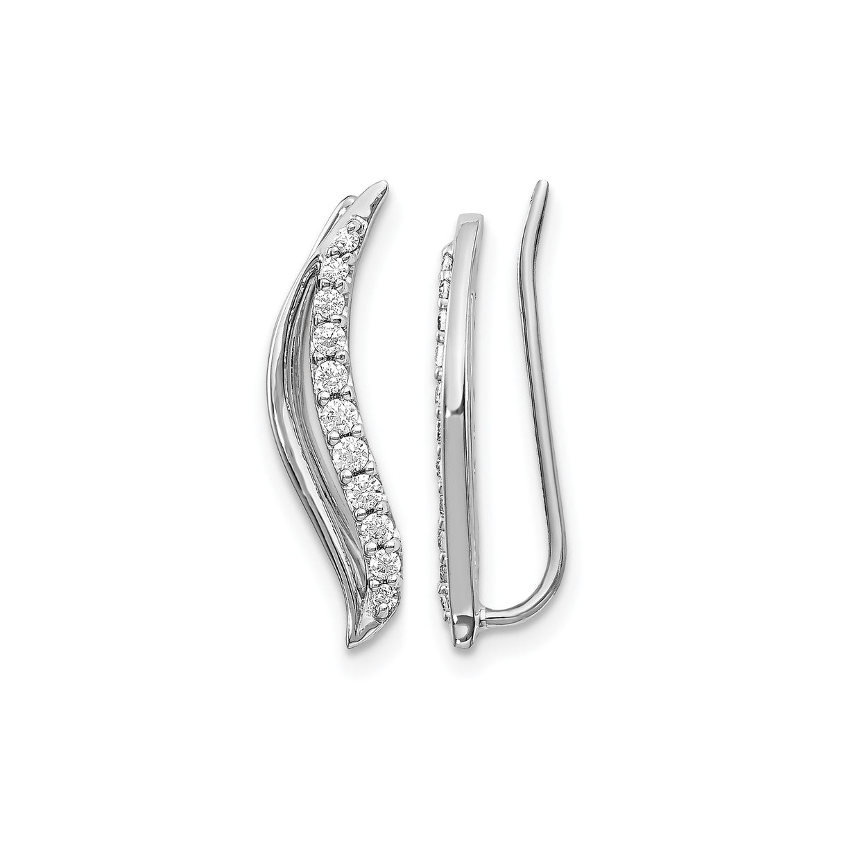14k White Gold Diamond Ear Climber Earrings, Wave Design Curved Studs for Women