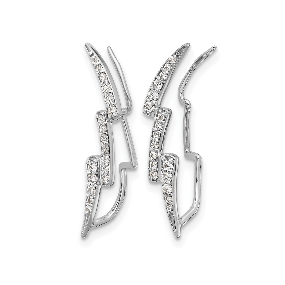 14k White Gold Lightning Bolt Climber Earrings with Diamond Accents, Modern Edgy Style
