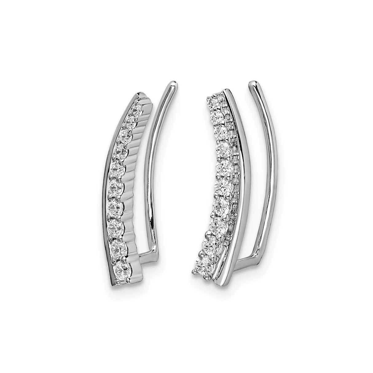 14k White Gold Diamond Curved Climber Earrings with Channel Set Round Cut Diamonds