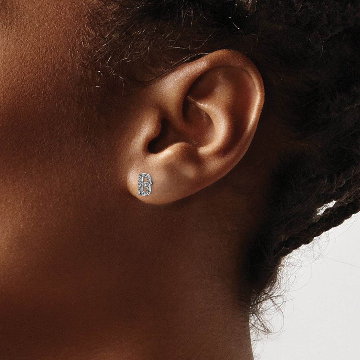 14k White Gold Letter B Stud Earring with Diamond Accent, Personalized Initial Jewelry