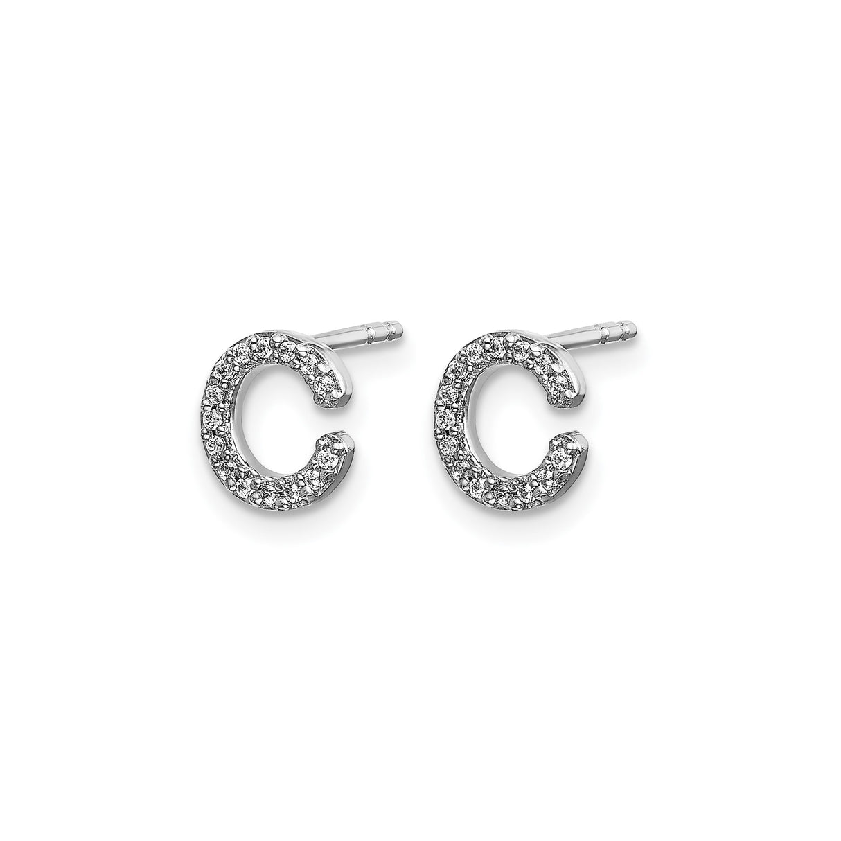 14k White Gold Letter C Diamond Stud Earrings, Script Initial Alphabet Jewelry for Women