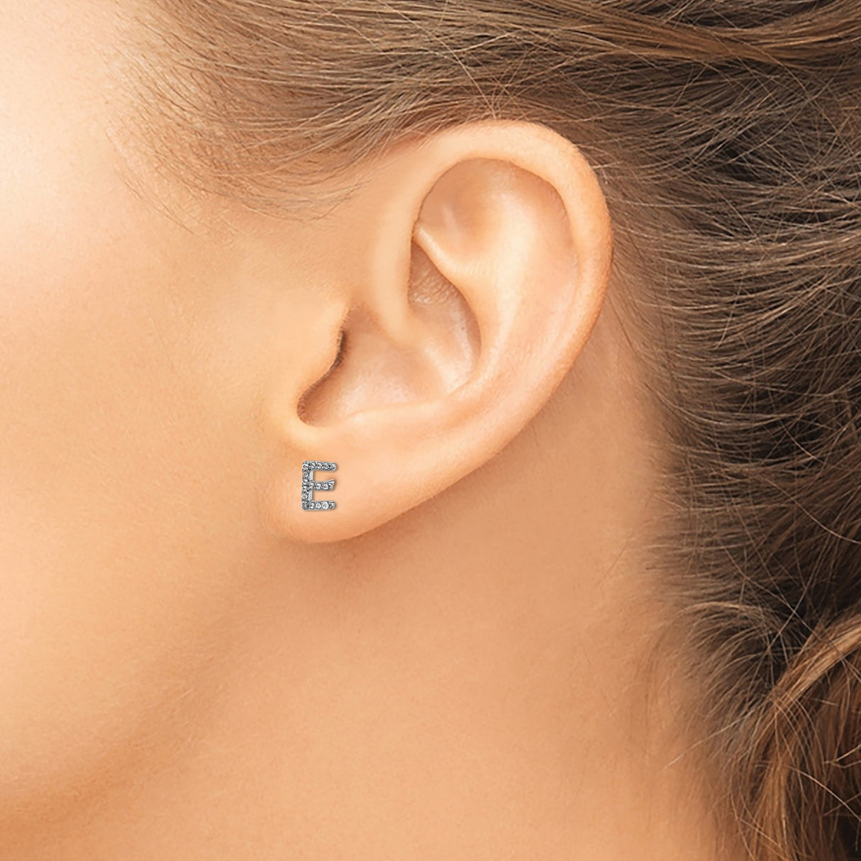 14k White Gold Diamond Initial Earring Stud, Pavé Letter E, Dainty Monogram Jewelry for Women