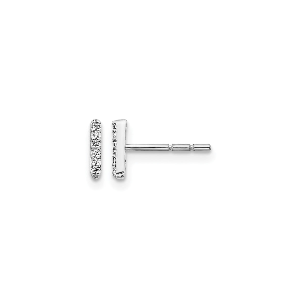 14k White Gold Bar Stud Earrings with Pavé Diamonds, Slim Vertical Design