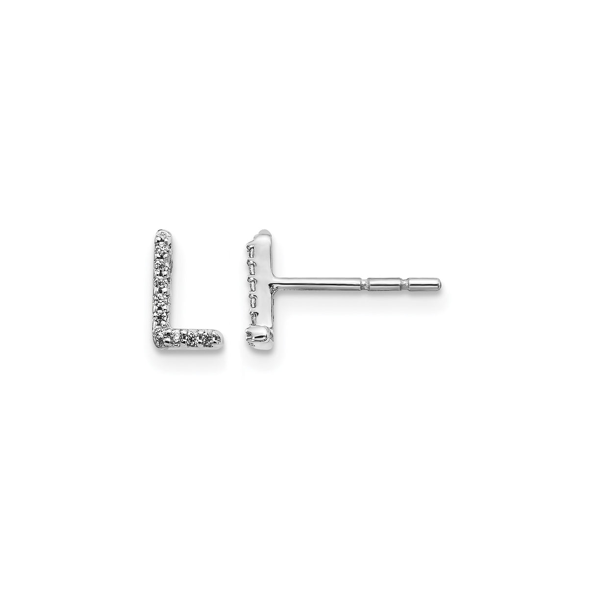 14k White Gold L Initial Diamond Stud Earrings, Block Letter Alphabet Design