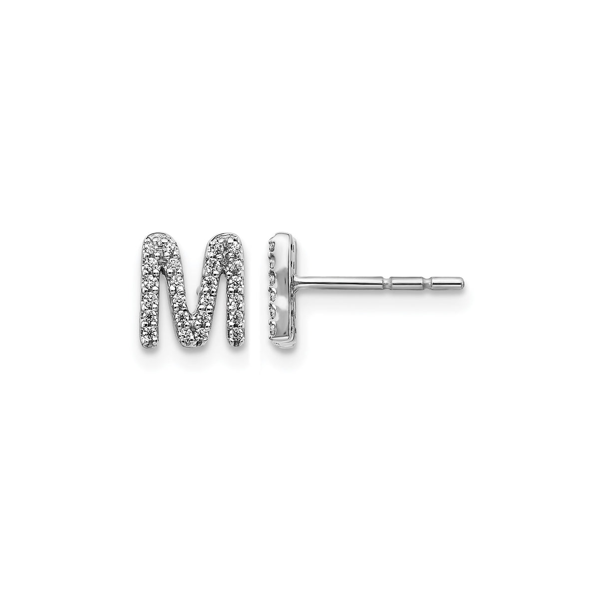 14k White Gold Initial M Diamond Stud Earring, Dainty Alphabet Jewelry for Women