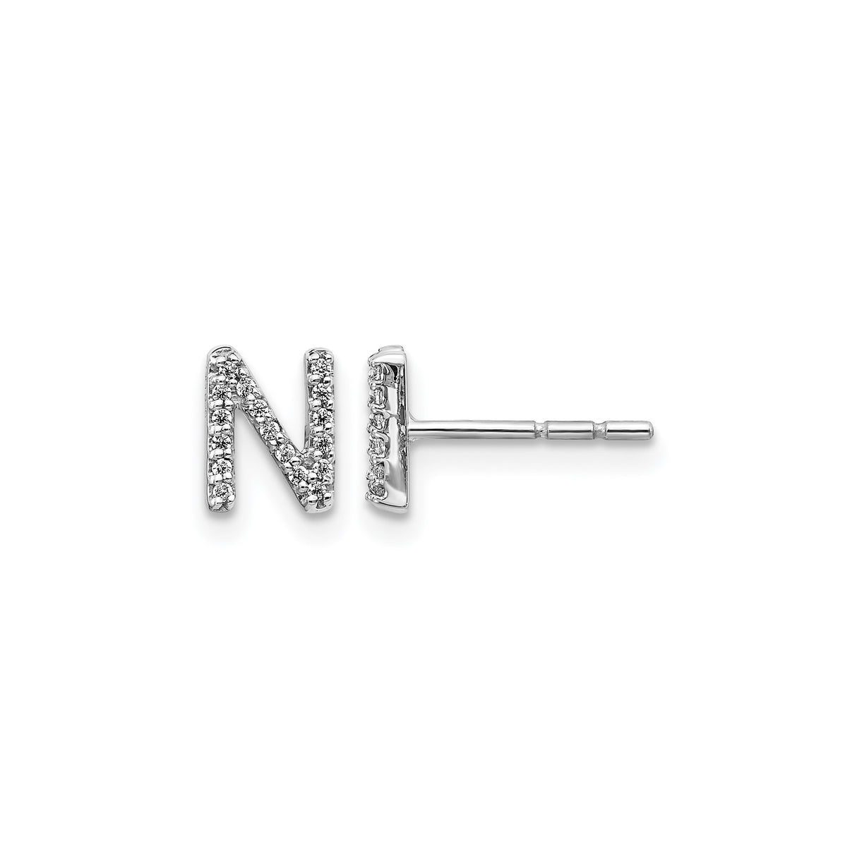 14k White Gold Initial N Stud Earring with Pavé Cubic Zirconia, Dainty Alphabet Letter Jewelry