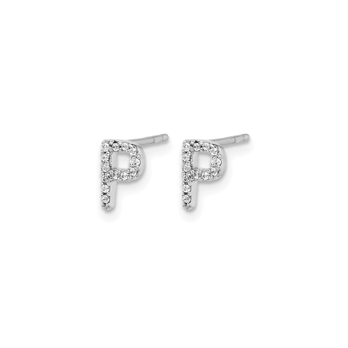14k White Gold Pavé Diamond Letter P Stud Earring, Dainty Initial Monogram Jewelry