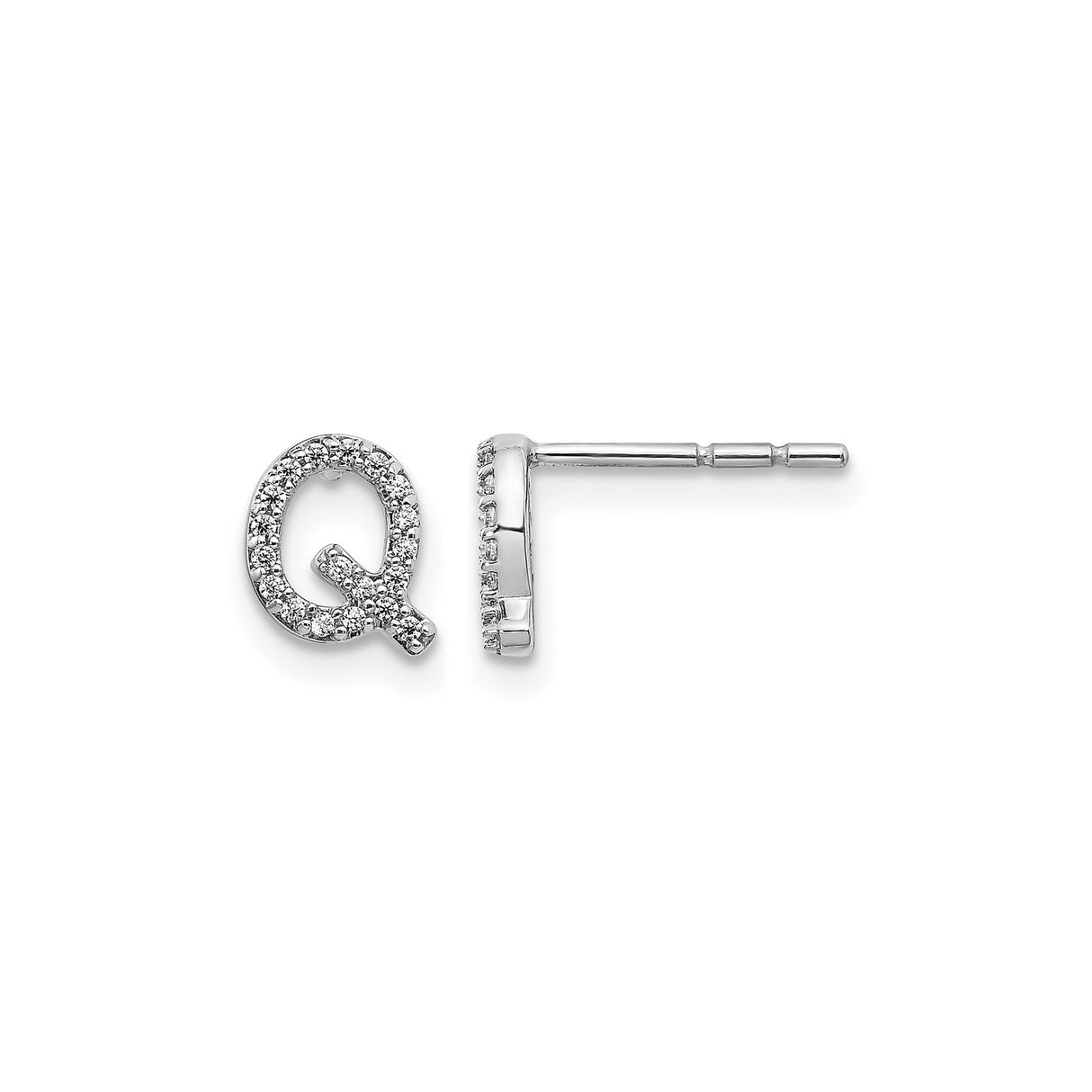14k White Gold Diamond Letter Q Stud Earrings, Alphabet Initial Jewelry for Women